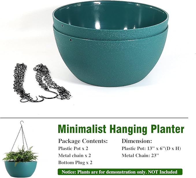 WSMKSZ 13 inch Large Hanging Planters Plant Pots for Outdoor Indoor Plants with Drainage Holes and Chain, 2 Pack Round Hanging Flower Pots for Garden Home Porch Decor, Blue Green
