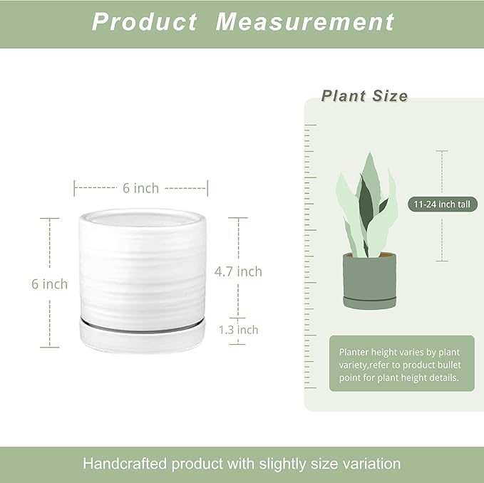 HERDUK 6 Inch Plant Pots, Ceramic Planter Pot with Drainage Hole & Saucer, Indoor/Outdoor Cylinder Round Planter Pot, Matte White