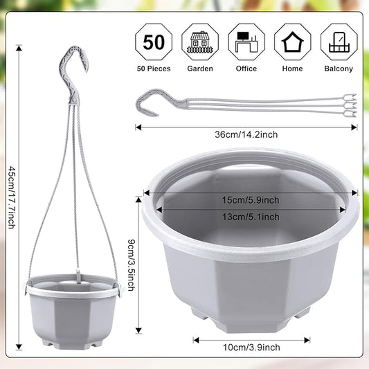 Roshtia 50 Pcs 5.9 inch Plastic Hanging Plant Pots with Hooks Flower Pots Baskets Outdoor Hanging Nursery Planter Holder for Home Garden Balcony Porch(Gray White, 5.9 inch)