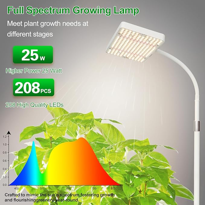 Floor Lamp Grow Light, Bright Grow Lights with Stand for Tall Plants, Bonsai Tree, 4/8/12/16/20H Timer, 25 Watt Power Draw, NO Need Adapter, 24"-76" Height, Daisy Chain Function