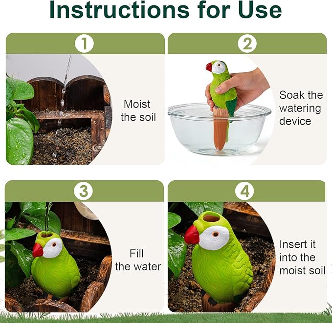 MCleanPin 4 Pack Self Watering Spikes and Globes, Handmade Terracotta Parrot Self-Watering Plant Devices with Slow Release System, Automatic Plant Water Bulbs for Indoor and Outdoor Garden Vacation