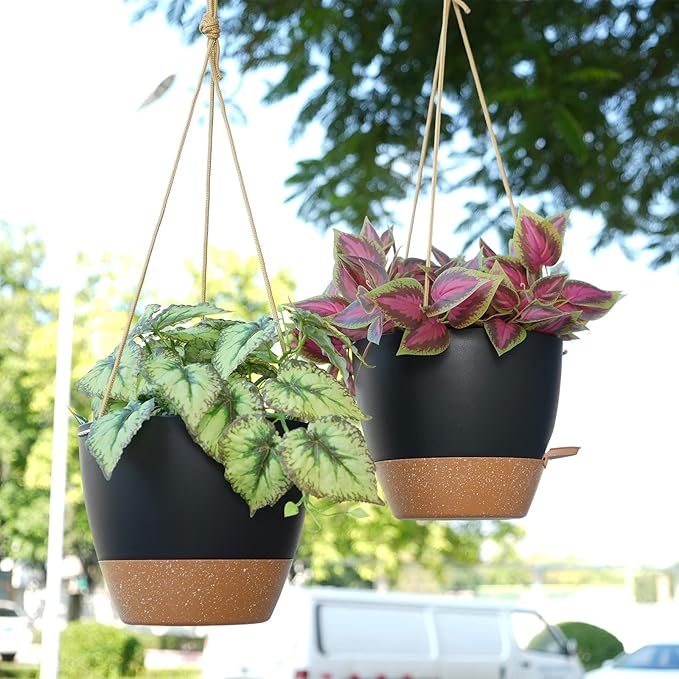 SwinDuck 10 Inch Self Watering Hanging Pots, 2 Pack Hanging Planters with 40oZ Deep Reservior for Indoor Outdoor Plants Flowers, Black with Brown