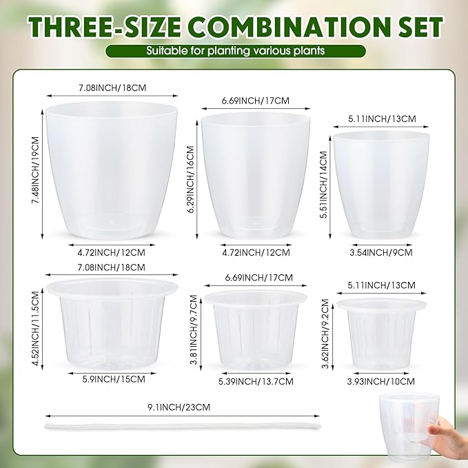 9 Pcs 3 Each of 5'', 6.5'', 7'' Clear Self Watering Plant Pots, Transparent African Violet Pots with Drainage Holes Plastic Wick Flower Planters for Indoor Flowers, Spider Plant, Orchid Pot