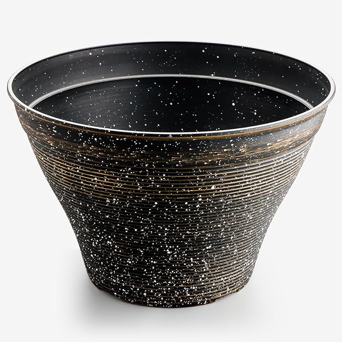 RooTrimmer 15.7 Inch Plant Pots 4 Pack, Large Planter Pots for Plants Indoor Outdoor, Sturdy Plastic Flower Pots with Drainage Hole, Retro Decorative Garden Pots, Plant Containers for House, Black