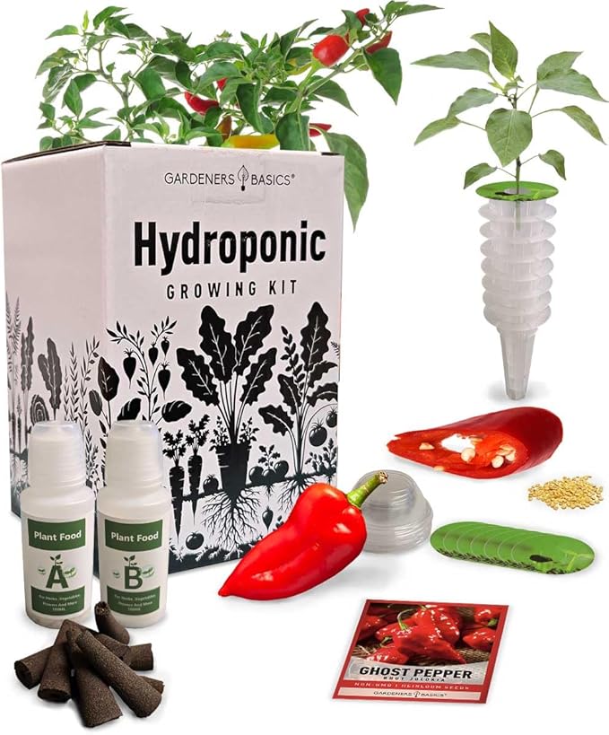 Ghost Pepper Hydroponic Growing Kit - Grow Your Own Bhut Jolokia Peppers - Non-GMO Heirloom Seeds, Complete Indoor Hydroponic Grow Kit, Hot Chili Gardening Gift for Spicy Lovers, Easy to Grow & Plant