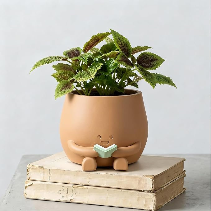 ZSHAWN Smiley Face Planter, Book Lover Plant Pot, Resin Bookworm Planter with Drainage Hole Plug, Cute Reading Succulent Pot Happy Face Indoor Desk Bookshelf Home Decor Peach Color