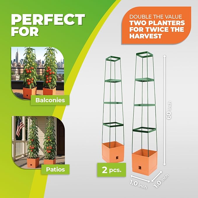 BioGreen 2 Pack Garden Tomato Planter MAXITOM, with Plant Support Trellis 59 inch and Self Watering, 4,2 Gal Planter Box for Climbing Vegetables Plants, Terracotta