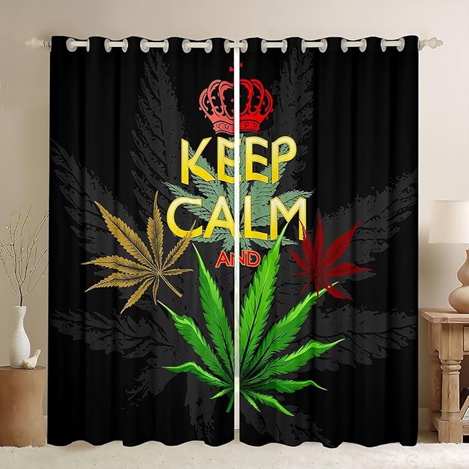 Feelyou Cannabis Leaves Room Darkening Curtain Marijuana Leaf Blackout Curtain for Bedroom for Boys Girls Adults Marijuana Weed Green Leaf Thermal Curtain Hemp Blackout Drapes，52 X 63 Inch，2 Panels