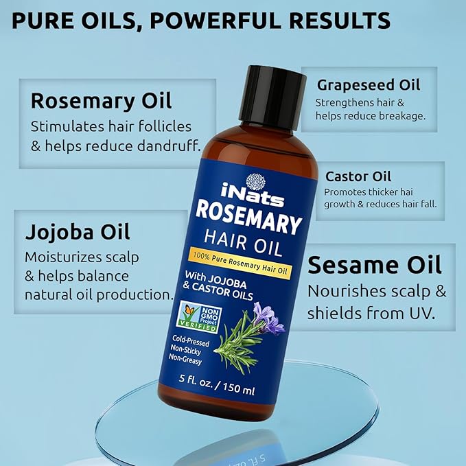 100% Pure Rosemary Oil for Hair Growth (5 fl oz) - Cold Pressed & Natural Infused w/Biotin, Jojoba & Castor Oils - Hair Oil Repairs Dry Damaged Hair, Strengthening, Healthier, Nourishing Hair