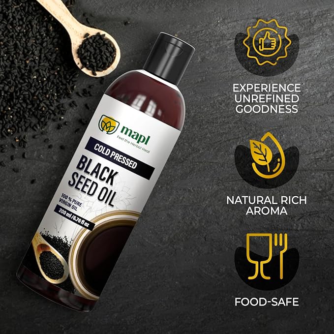 Mapl Organic Black Seed Oil Cold-Pressed from Nigella Sativa – Pure Unrefined Black Cumin Seed Oil Non-GMO & Vegan, Rich in Omega 3 6 9 for Hair Growth, Skin Care & Immune Support – 6.76 Fl Oz (200ml)