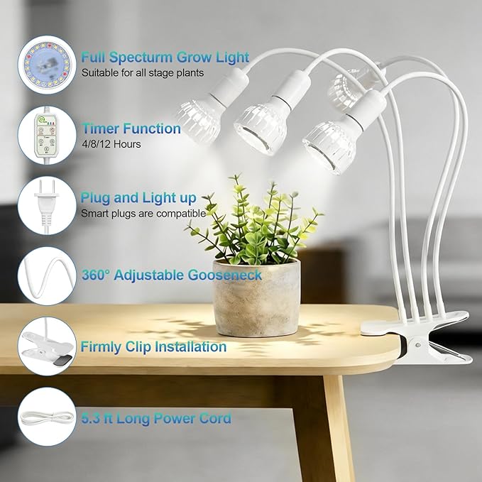 LED Grow Light, Dual-Head 5000K White Full Spectrum Clip-on Gooseneck Plant Lamp for Indoor Desk Plants Growing with 4/8/12H Timer, Bulb Replacement & Smart Plug Compatible (48W Equivalent 320W)