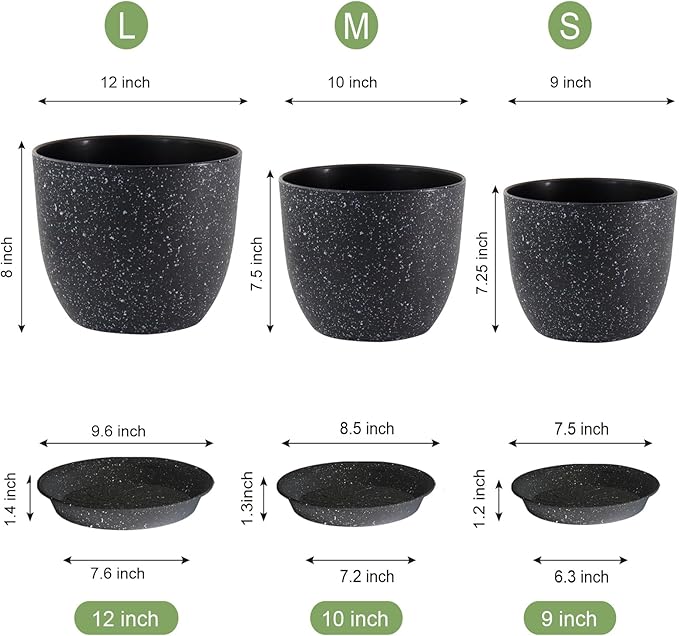 UOUZ 12/10/9 Large Modern Plant Pots, Plastic Planters with Drainage Holes and Saucers for Indoor Outdoor Plants Flowers, Black Speckles
