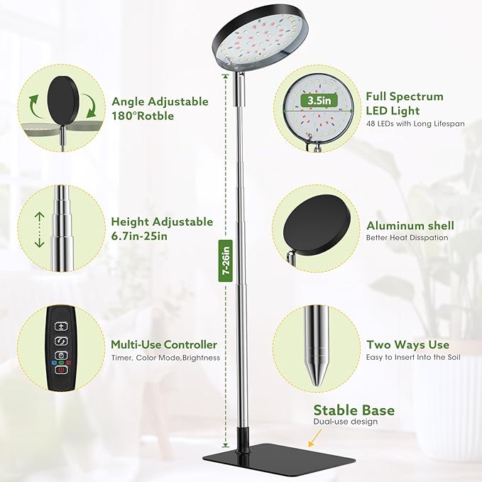 Grow Lights for Indoor Plants Full Spectrum, 48 LEDs Plant Light for Indoor Plants with 2 Mounting Options, 3 Optional Spectrums, 3/9/12Hrs, 10 Brightness, 7"-26" Height Adjustable (Black)