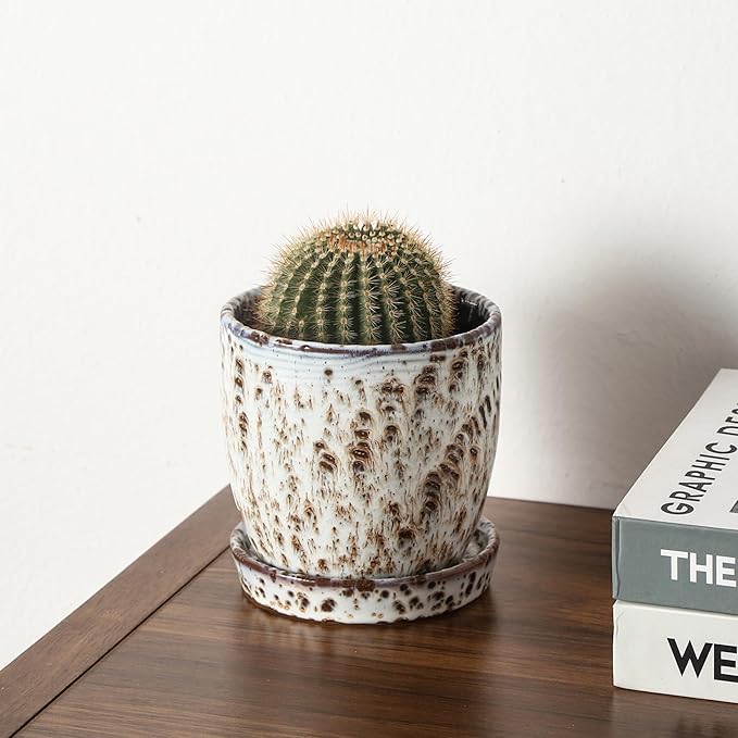 Set of 2 Ceramic Planters with Drainage Holes & Saucers - 4 + 5.75 Inch Earthy Speckled Reactive Glaze Flower Pots - Unique Brown Blue & White Decorative Pots for Indoor Outdoor Succulents, Orchids