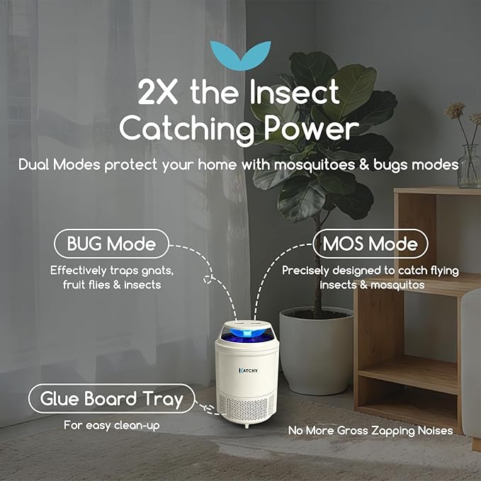 Katchy Indoor Flying Insect Trap – Catcher & Killer for Mosquitoes, Fruit Flies, Gnats & Moths – Non-Zapper with Suction & Blue Light – Ideal for Indoor Spaces, Kitchens & Plants (Original, White)