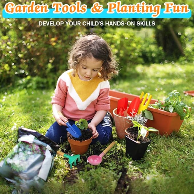 6 Piece Kids Gardening Tools, Children Beach Sand Toys, Made of Metal with Sturdy Wooden Handle, Safe Beach Gardening Set, Spoon, Fork, Rake & Shovel, Gifts for Kids
