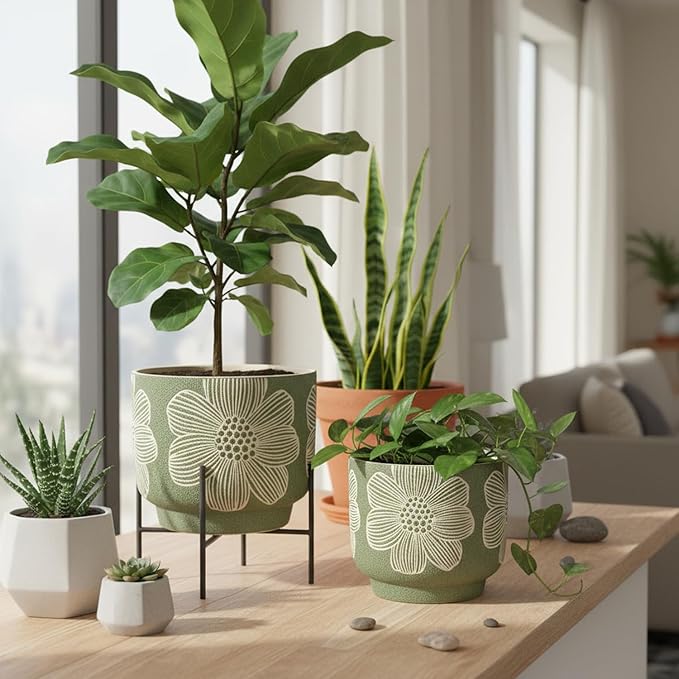 Succulent Pots 6 Inch, Plant Pot for Plants with Drainage Hole, Green Ceramic Planter Modern Floral Pattern, Round Flower Pots for Indoor Plants and Snake Plants - 1 Pack