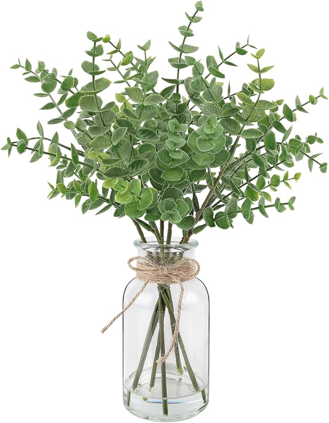 Bessol Artificial Eucalyptus Stems in Glass Vase 14" 6Pcs Faux Eucalyptus Branches Home Table Decor Fake Plants Stems for Farmhouse Kitchen Bathroom Decorations (Small Vase-Style B)