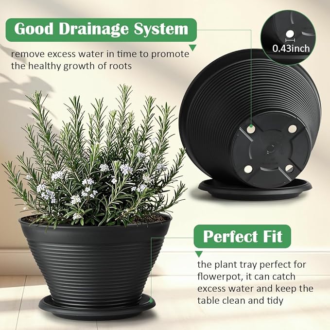 RooTrimmer 5 Pack 10 Inch Plant Pots with Saucers, Plastic Flower Pots with Drainage Holes, Large Planters for Indoor Outdoor Garden, House Plants, Flowers, Herbs, Gardening Gifts, Black