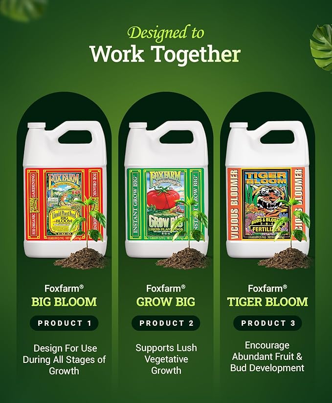 FoxFarm Soil Liquid Trio Pack - Big Bloom, Grow Big, Tiger Bloom Fertilizers Supports Vigorous Plant Growth, Bud Development & Abundant Fruit - Complete Liquid Plant Food Set - 3 Gallon Bottles