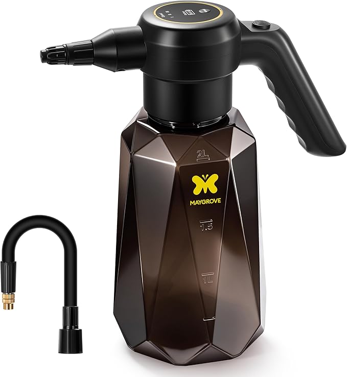 MAYGROVE Battery Powered Sprayer 0.5 Gallon, Electric Spray Bottle – Up to 7.5 Hours Long Battery Life with Fast Charging, Automatic Garden Sprayer with Adjustable Pressure, Semi-Transparent Tank