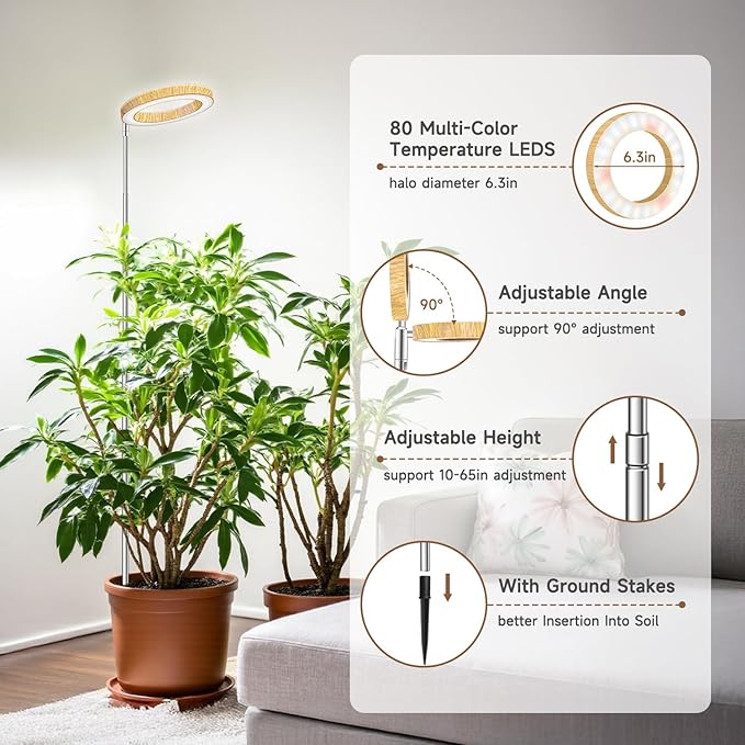 Aokrean Grow Lights for Indoor Plants, Full Spectrum Plant Lights for Indoor Growing with 6/12/16H Timer, 3 Optional Spectrums, 5 Brightness, Height Adjustable 10"-65" Wood Grain Growing Lamp