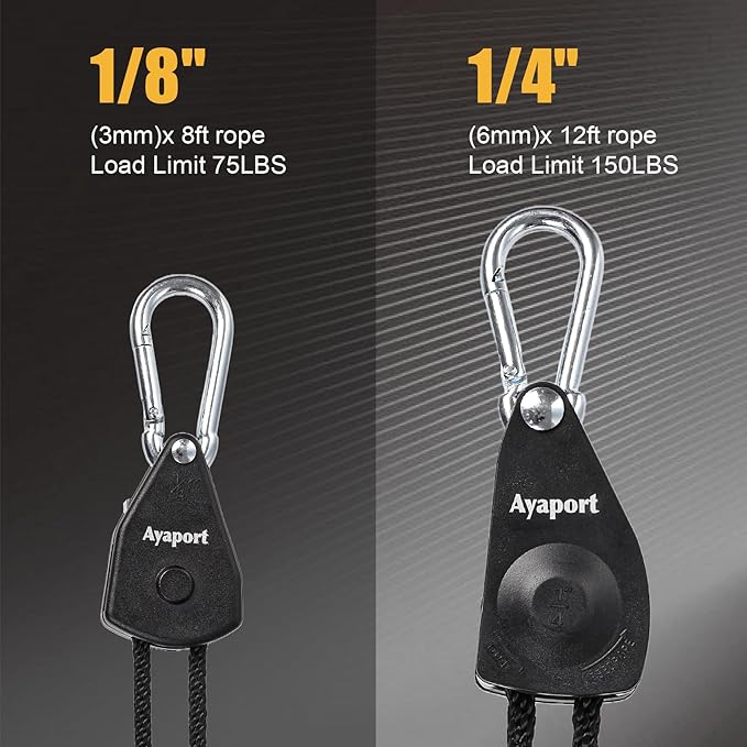 Ayaport Adjustable Rope Hanger Grow Light Hanger, 1/8 Heavy Duty Plant Pulley Rope Tightener Ratchet Tie Down for Kayak, Tarp, Tent Tie Downs, Hanging Plants, Filters, Fans