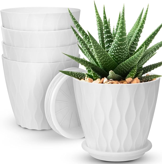 YNNICO 6 inch Plant Pots, 5 Pack Flower Pots Outdoor Indoor, Planters with Drainage Hole and Tray Saucer（White