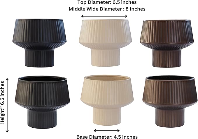 Wide Top Modern Handmade Metal Indoor Planter with Unique Shape, Vertical Grooved Design and Anti-Scratch Pads, Rust-Resistant Finish that is Sustainable Non-Plastic Pot Recyclable Metal Vase (White)