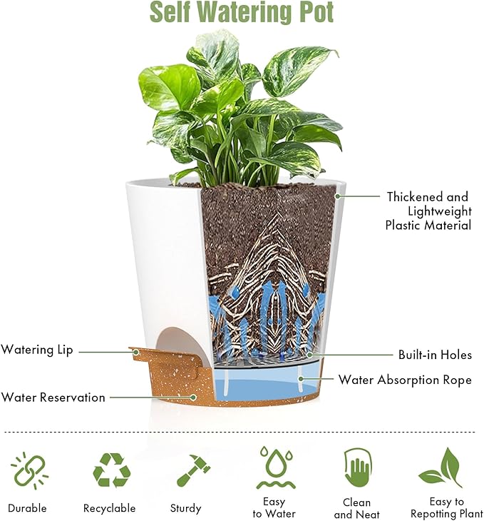 WSMKSZ 4 inch Self Watering Pots for Indoor Outdoor Plants, 6 Pack Plastic Flower Planters with Drainage Holes and Removable Saucers, Plant Pots with Wicking Rope, Modern Decor, White Brown