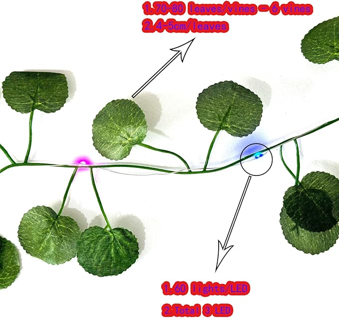 6Pcs Artificial Hanging Plants Begonia Leaf Vine With 60 Colorful Lights, Begonia Vine Leaves, Fake Plant Vines, Can Be Used for Wall,Party Wedding, Home, Kitchen, Indoor and Outdoor Decoration