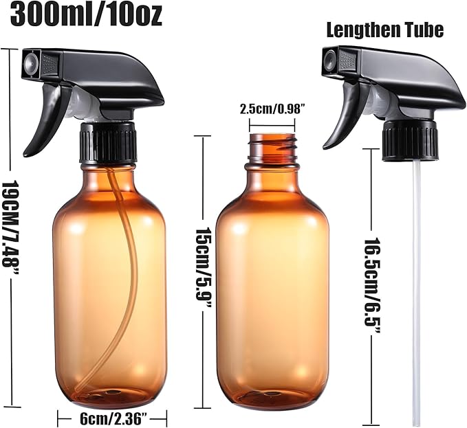 GearTrust Plastic Small Spray Bottle, Mister Squirt Bottle 2 Pack, 10.1 oz Amber Refillable Empty Water Spray Bottles with Adjustable Mist/Stream for Hair, Plant, Pet, Cleaning, Cooking
