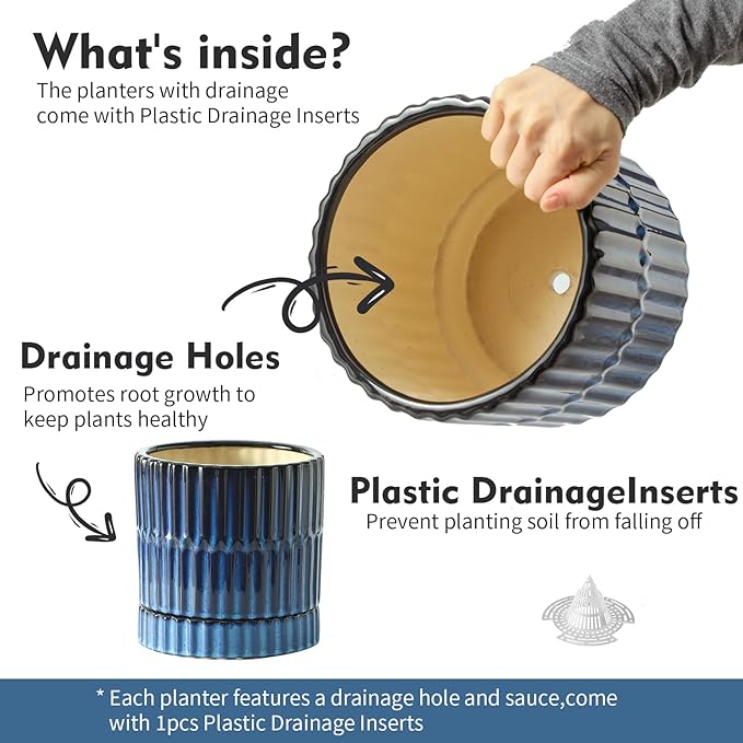 HASENSE Ceramic Pot for Plants, 3-Pack (8/6/4.6 inch) Medium Flower Planter with Drainage Holes & Tray, Rective Glaze Plant Pots Indoor with Ribbed Design, Kithen Home Office Decor, Blue