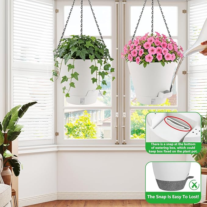 8 Inch Hanging Planters Indoor Outdoor, 3 Pack Plastic Self Watering Plant Pots with Drainage Holes & Saucers, Hanging Baskets Flower Pots with Chain for Ivy, Spider Plant, Pothos, Ferns
