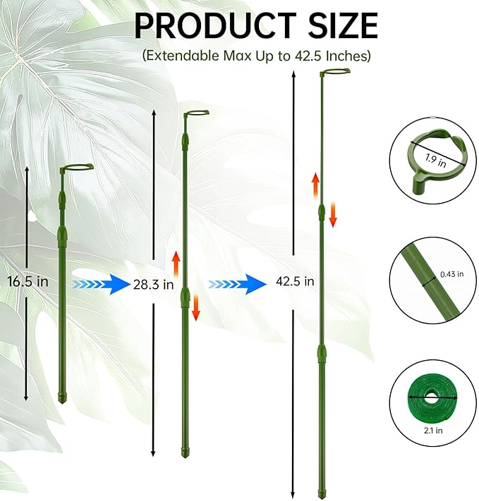 Yhtpouqe 3 Pack Extendable Plant Stakes, 16.5-42.5 Inch Plant Stakes for Indoor Outdoor, Adjustable Monstera Plant Support Sticks with Clips for Clombing Plants, Vine, Orchid, Tomato, Vegetables