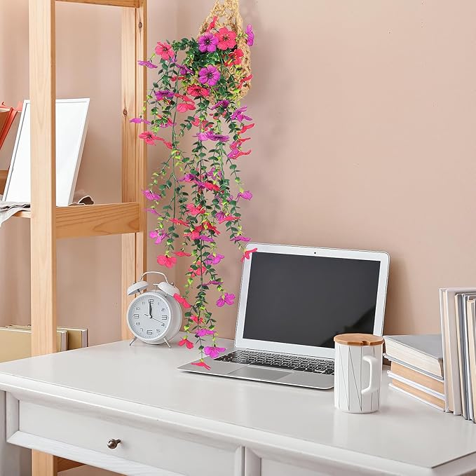 Fake Plants Hanging Artificial Potted Faux Eucalyptus Plants and Flowers for Modern Boho Farmhouse Bathroom Office Desk Wall Book Shelf Living Room Aesthetic Decor Indoor (Purple & Rose Red)