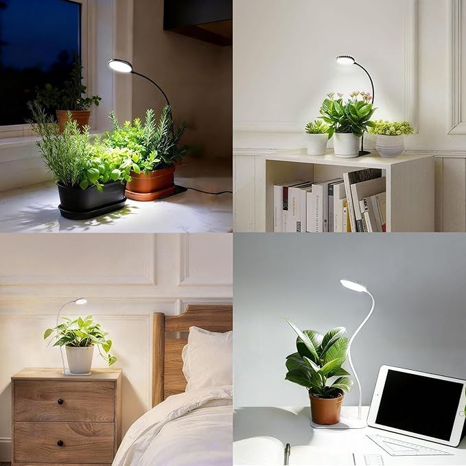 Desktop Indoor Plant Grow Light, 12W Full Spectrum,Plant lamp with 4 Dimmable & 3 Timer Modes, 360° Gooseneck Plant Lights for Office Desk Small Grow Lights for Indoor Plants(White)
