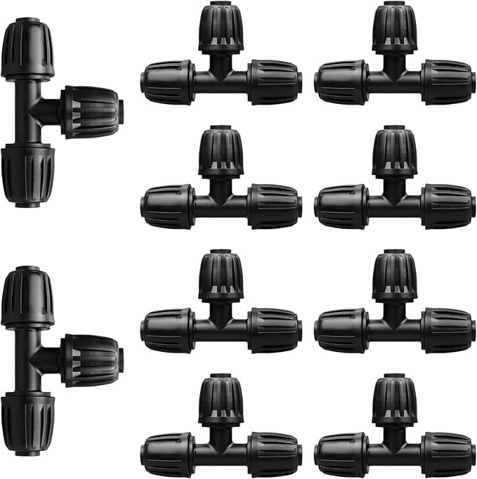 Drip Irrigation Fittings for 1/2 Inch Drip Tubing (1/2" ID x 0.65" OD), 10 Pcs 1/2'' Drip Line Tees Anti-Drop Locked Nut Barbed Tee Connectors Garden Irrigation Parts for Drip Systems