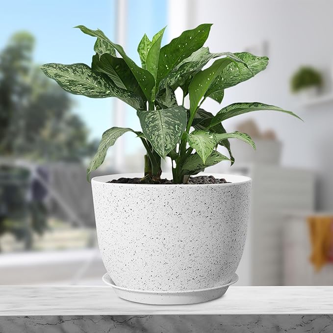 Meowell Plant Pots 12 inch, Plastic Planters with Drainage Holes and Saucers, Large Flower Pots for Indoor Outdoor Plants, Modern Decorative Pots for Garden House Plants, Speckled White