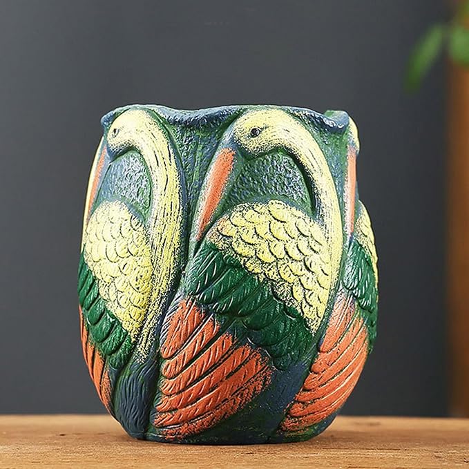 Ceramic Flowerpot with Bird Glaze Patterns,Vintage-Inspired Oval Thick Green Glaze Cylindrical Planter for Succulents Indoor Outdoor Decor
