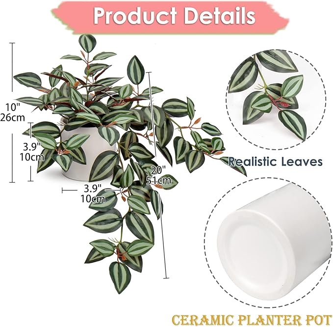 GnFlus Fake Hanging Plants, 20 Inch Artificial Ivy Plant in Ceramic Pot Faux Vine Potted for Home Bedroom Office Table Shef Indoor Outdoor Decor Desk (Green/Red)