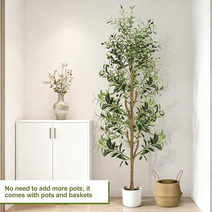 TNELTUEB Faux Olive Tree 6FT - Indoor Tall Artificial Olive Trees with Planter & Basket and Lights, Artificial Plants with Natural Wood Trunk and Realistic Fruits for Home Living Room Office Decor
