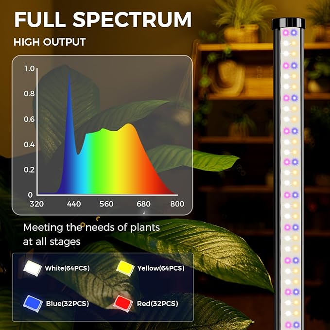 2PCS Grow Lights for Indoor Plants with Timer, 384 LEDs 42W Vertical Full Spectrum Grow Light 65 Inch Standing Grow Lights 3 Light Modes 5-Level Dimmable Wide Coverage