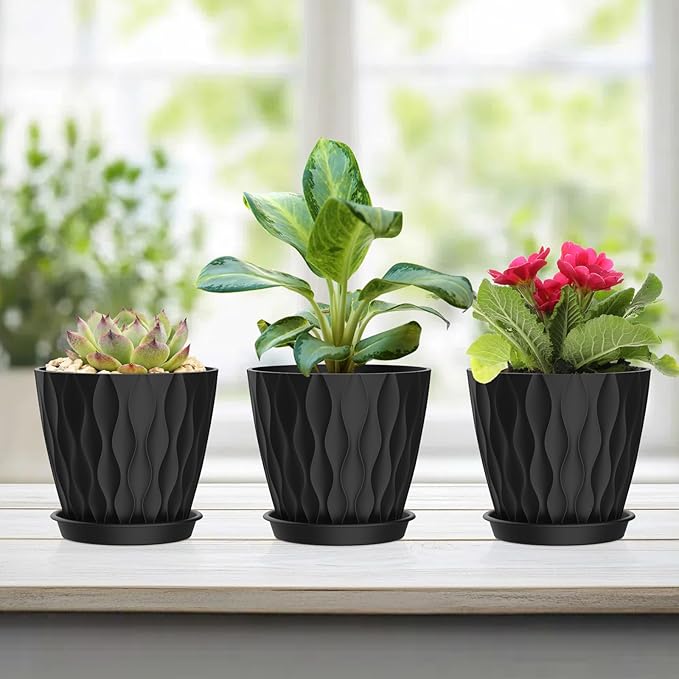 UOUZ 4 Inch Small Pots for Plants, 6 Pack Waffle Texture Small Plant Pots for Succulents, Plastic Planter with Drainage Holes and Saucers for Indoor Outdoor Plants, Flowers, Herbs, Seedlings,Black