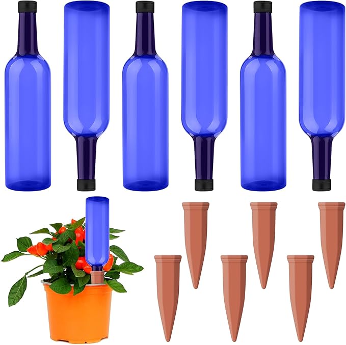 6 Pack Self Watering Globes Spikes for Plants Terracotta Automatic Plant Waterer Stakes with 25.5 oz Plastic Bottles Keep Plants Watered for 7-9 Days (Blue)