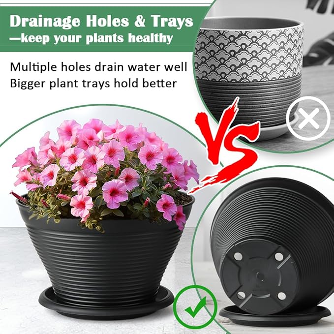 RooTrimmer 8 Inch Plastic Plant Pots with Saucers 8 Pack, Flower Pots with Drainage Holes, Sturdy Planter Pots for Indoor Outdoor, Modern Decorative Gardening Pots for Planting House Plants, Black