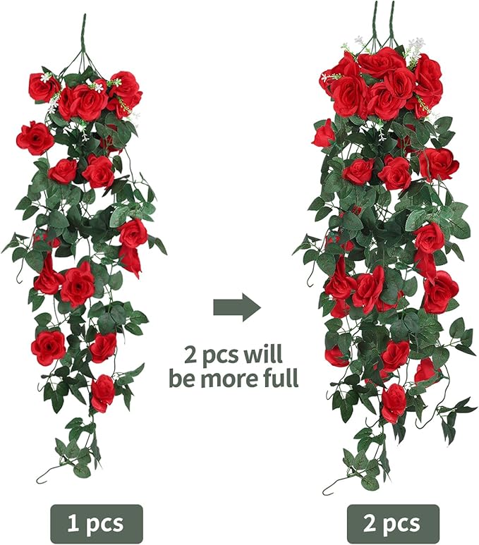 RECUTMS Hanging Rose Flowers Artificial Vines for Outdoors with 30 LED Fairy String Lights Indoor Home Garden Wall Wedding Valentines Day Decorations Rose (Red)