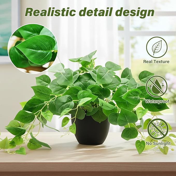 Tiita 1 Pack Fake Plants Artificial Scindapsus Aureus in Pots, Realistic Fake Greenery Potted Plants for Home Office Desk Window Sill Bathroom Bedroom Outdoor Indoor