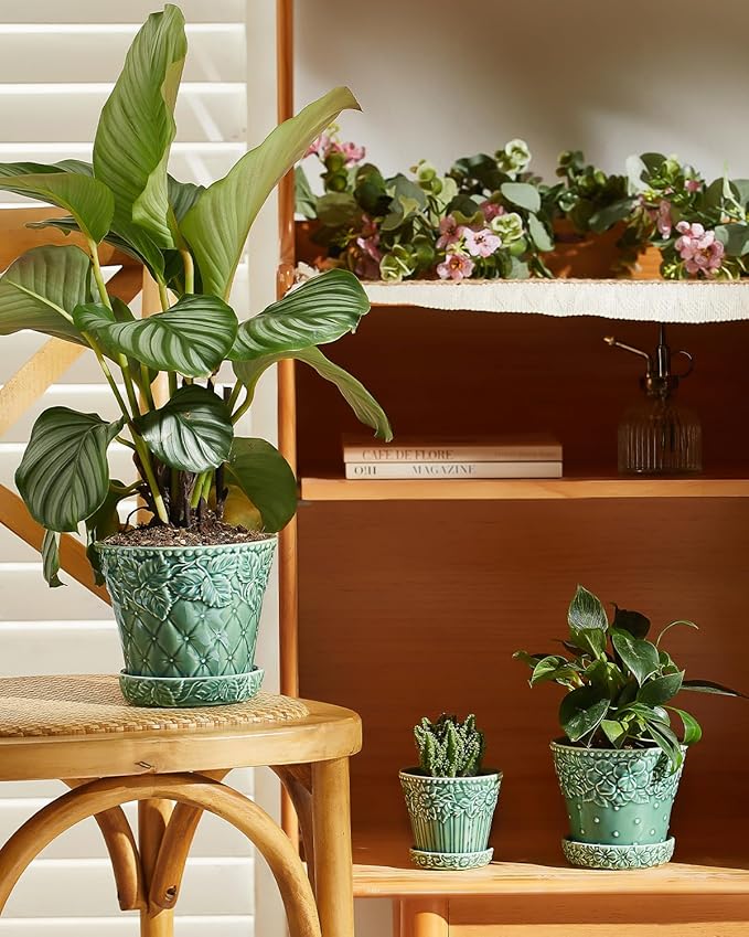 Metahom Ceramic Plant Pots, 3.8+4.9+5.8 Inch, Set of 3 Flower Pots with Drainage Hole & Saucer, Embossed Planter Pots for Indoor Plants, Home Decor, Green
