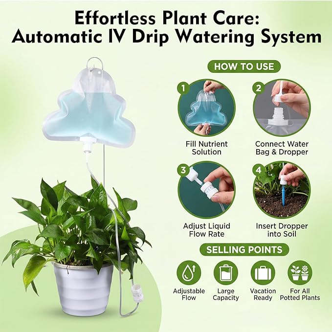 Zhengmy 12 Pcs Cloud Plant Self Watering Drip Water Bag with Flow Regulator, Automatic Plant Self Watering System with 500ml Drip Water IV Bag and Support Rod Stake for Potted Indoor Outdoor Waterer